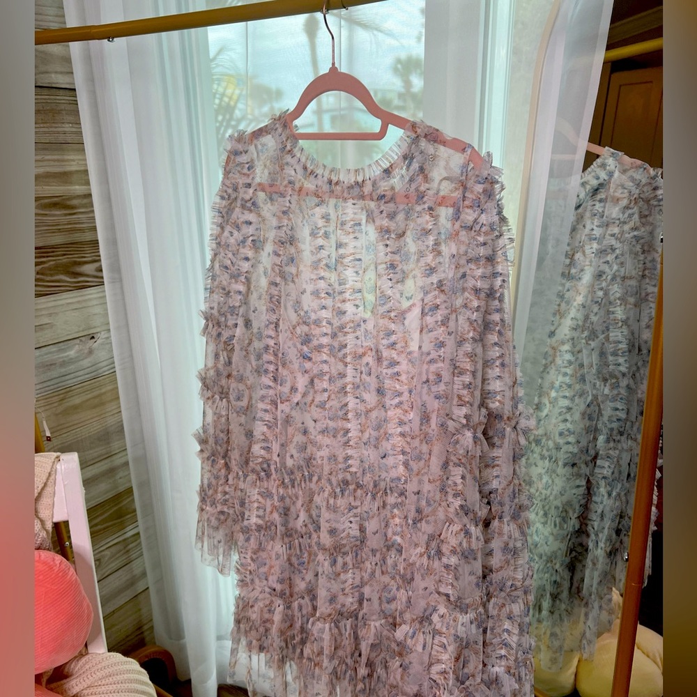 MAC DUGGAL LONG-SLEEVE PRINTED MESH A-LINE MINI DRESS
